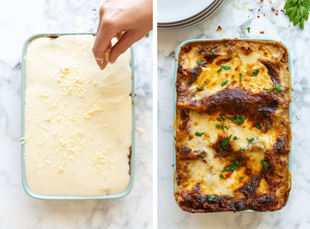 This is the last step of layering the lasagna. It's a before and after shot of the vegetarian lasagna bolognese.