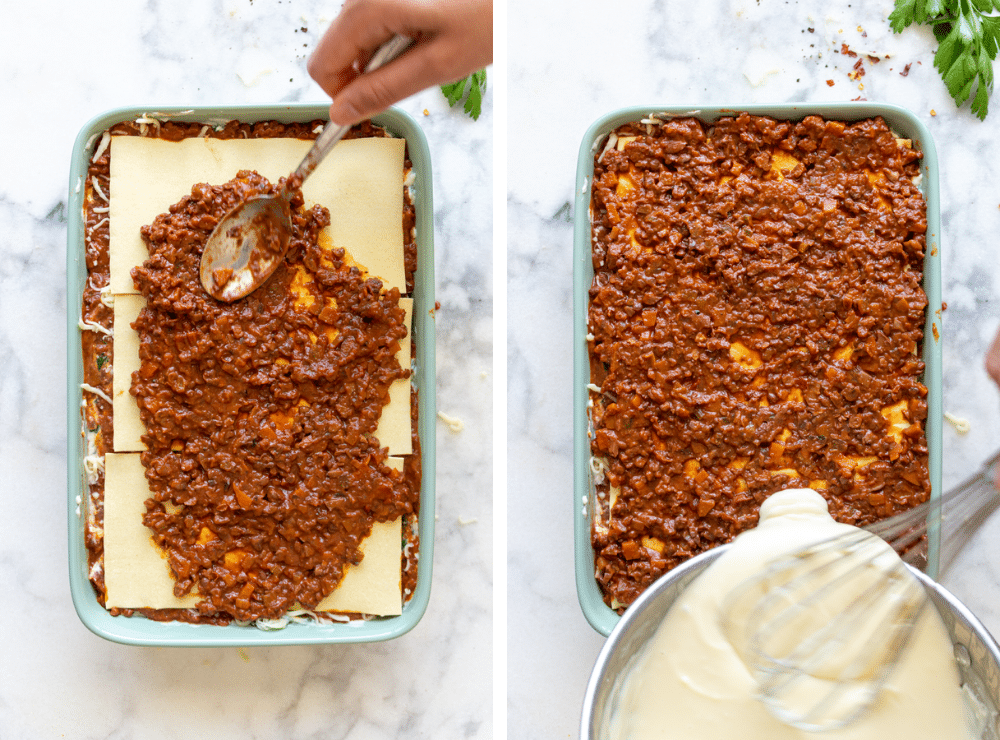 This is the third step in layering the vegetable lasagna.