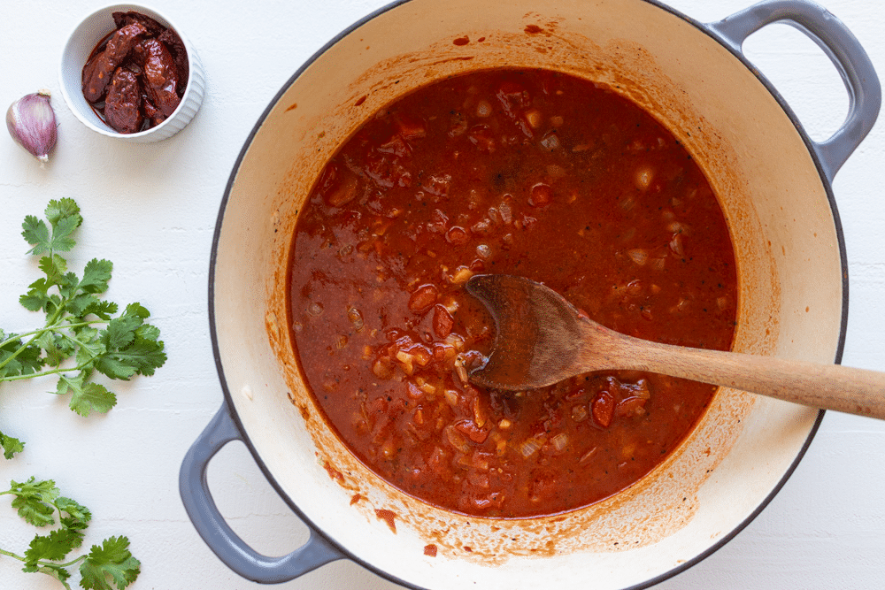 Making tinga sauce for jackfruit tinga