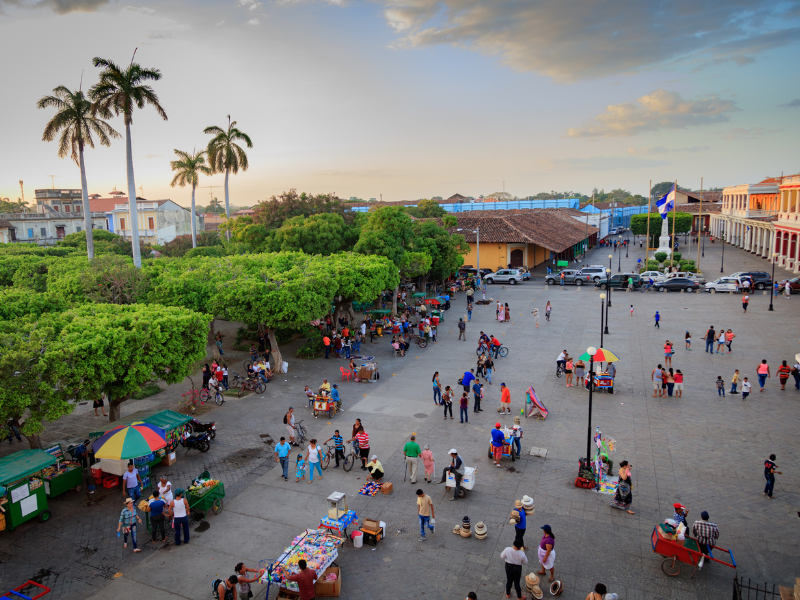 A busy city square in Granada, Nicaragua