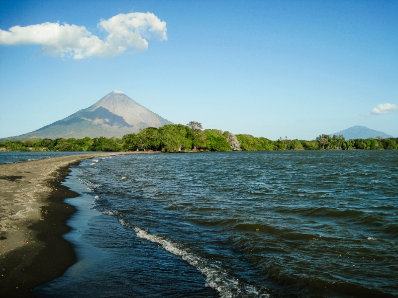 Lake with volcano in the background in Nicaragua