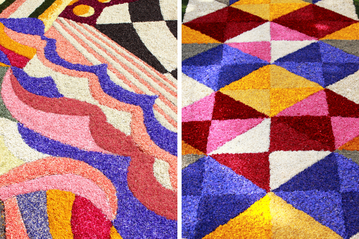 Colorful carpets made of flowers during the flower festival. Attending the Flowers Carpets Festival is one of the reasons to visit Spello, Italy.