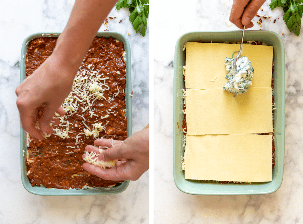 This is the second step in layering the veggie lasagna with vegan bolognese sauce.
