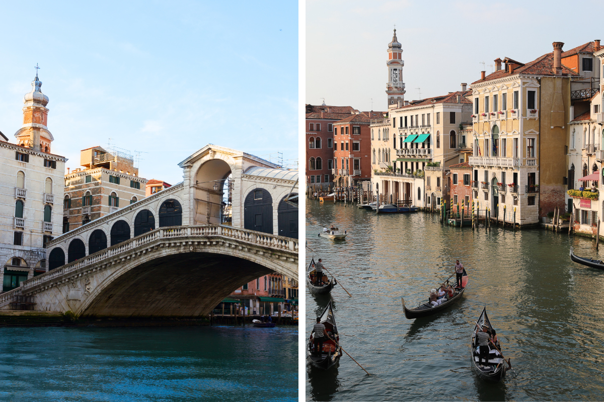 A view of the Rialto Bridge, side by side with an image taken from the bridge of gondolas along the Grand Canal