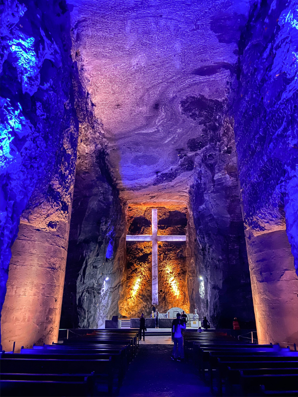 Large cross and church seats at Zipaquira Salt Cathedral